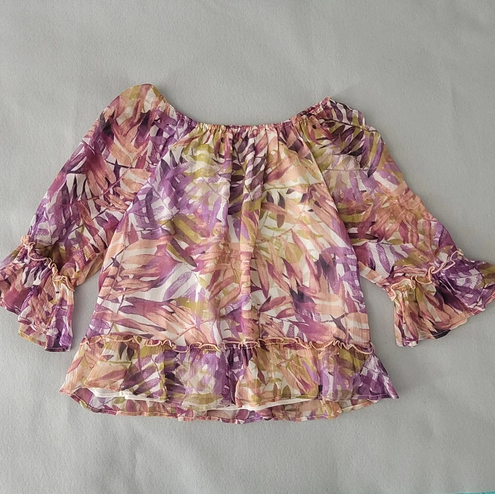 Lucky Brand Botanical Chiffon Blouse Women's Size L Tiered Sleeves & Hem Lined - Picture 10 of 11